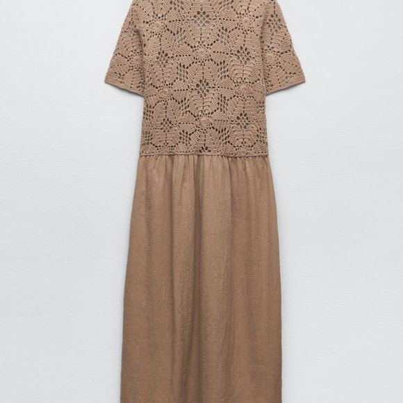 NWT ZARA MIXED MACRAMÉ KNIT MIDI DRESS EARTH - REF. 3653/011 S - Picture 6 of 7